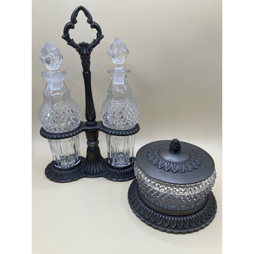 Vintage Crystal Cast Metal Cruet Condiment Set G.Fox Co. Ornate Lidded Stand USA